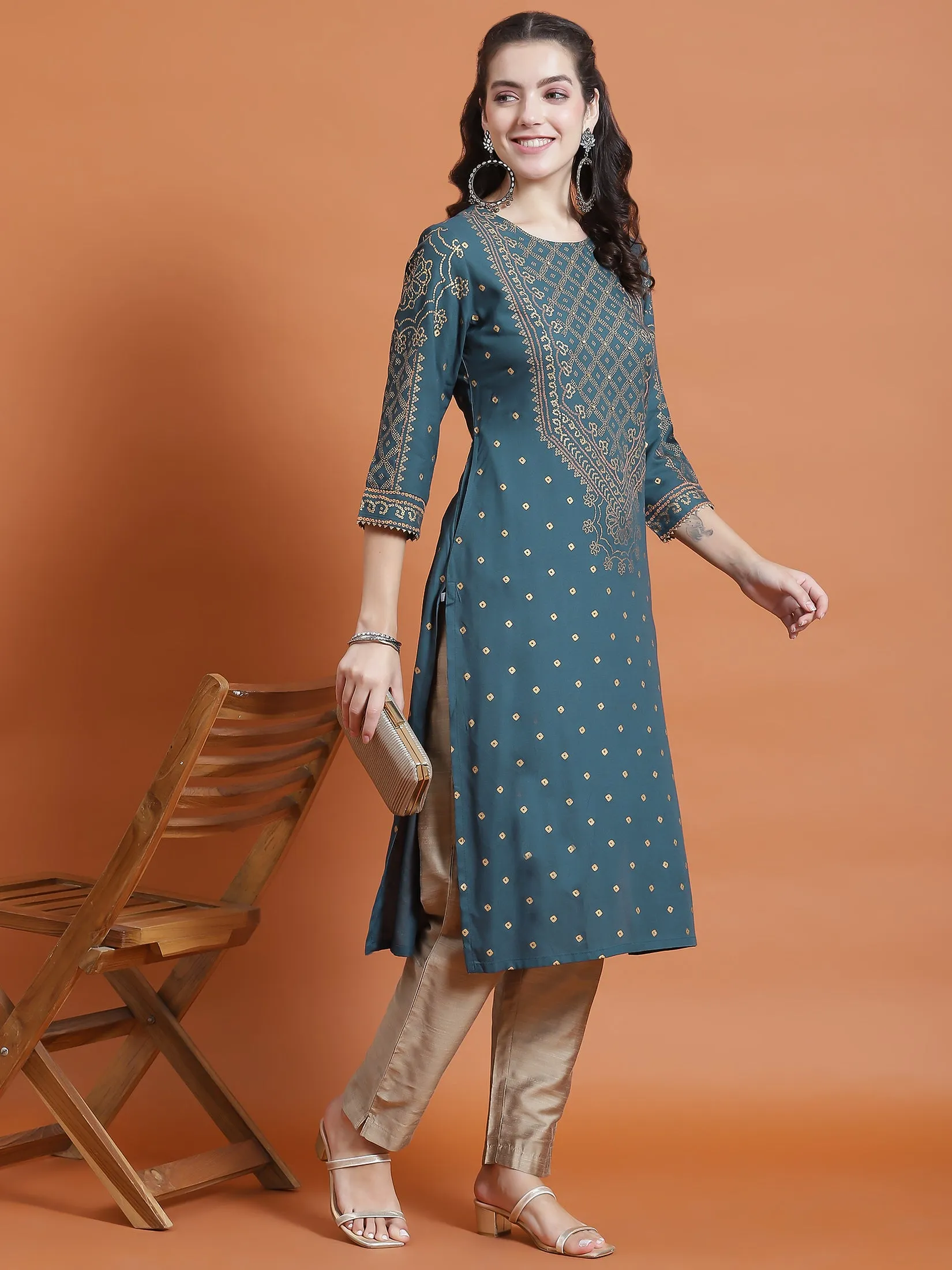 Women Teal Ornamental Print Kurta