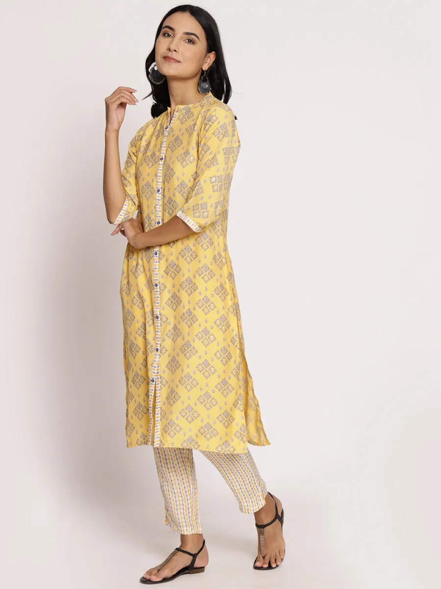 Women Yellow Ornamental Printed Kurta With Trouser