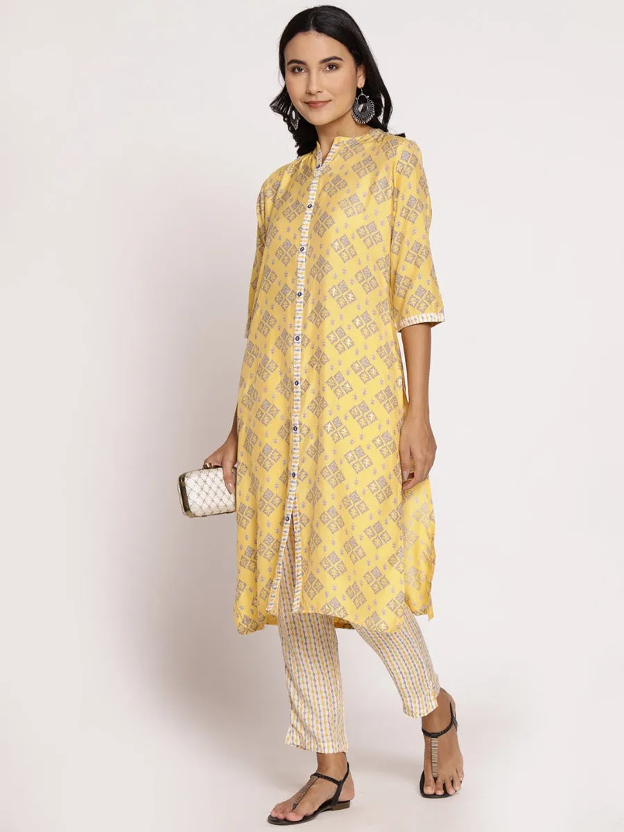 Women Yellow Ornamental Printed Kurta With Trouser