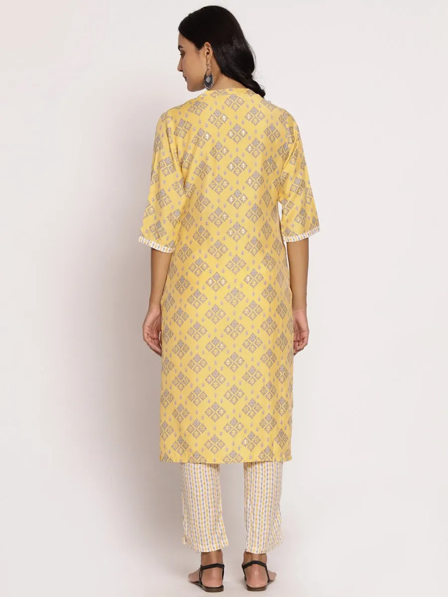 Women Yellow Ornamental Printed Kurta With Trouser
