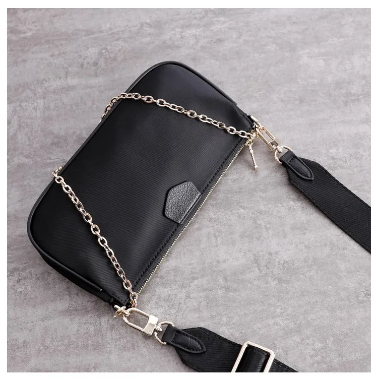 Womens Nylon Mini Shoulder Bag Womens Black Nylon Chain Shoulder Purse Nylon Chain Purse for Ladies